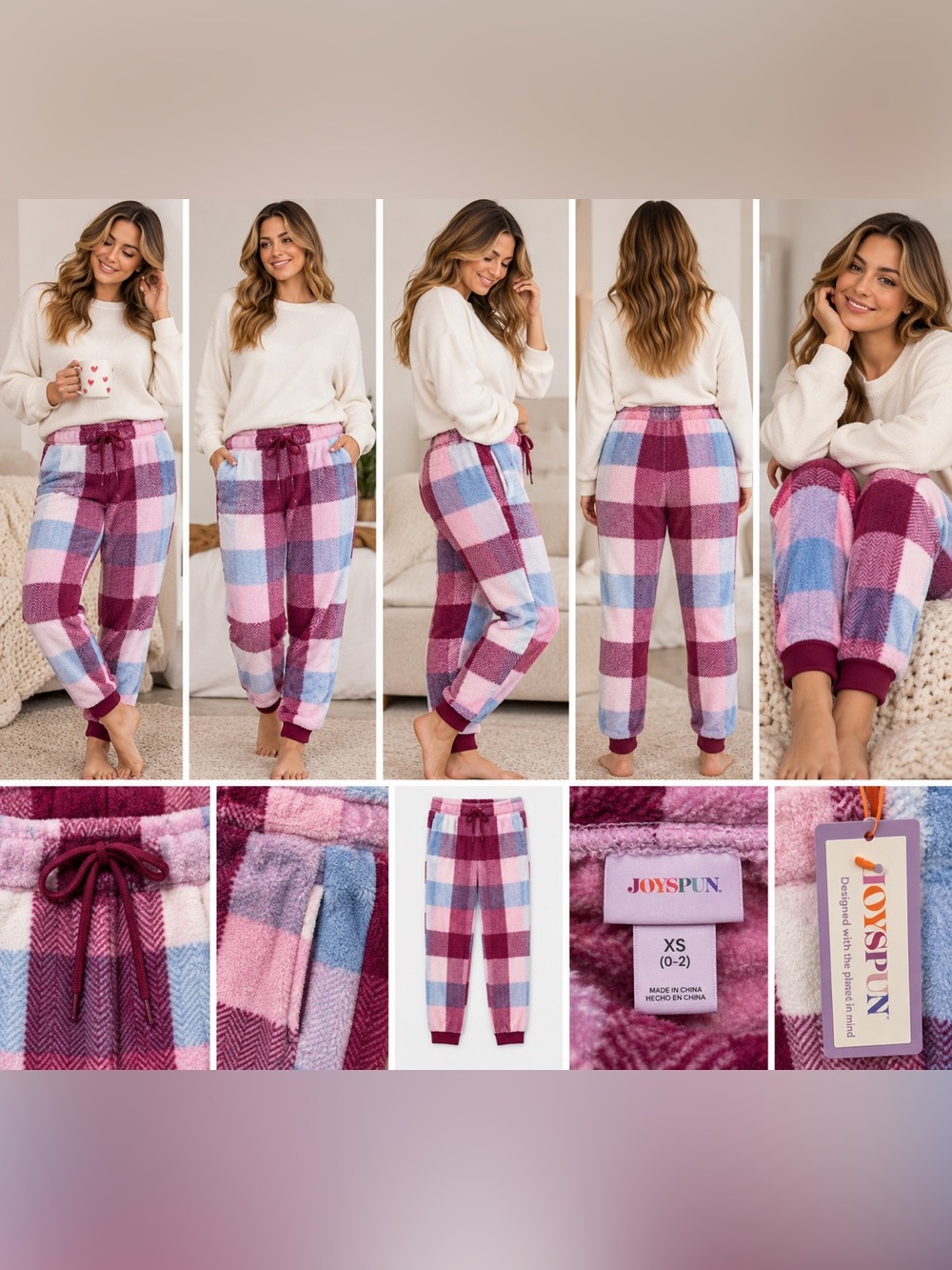 Joyspun Plaid Fleece Pajama Joggers XS 0-2 Burgundy Pink Blue NWT